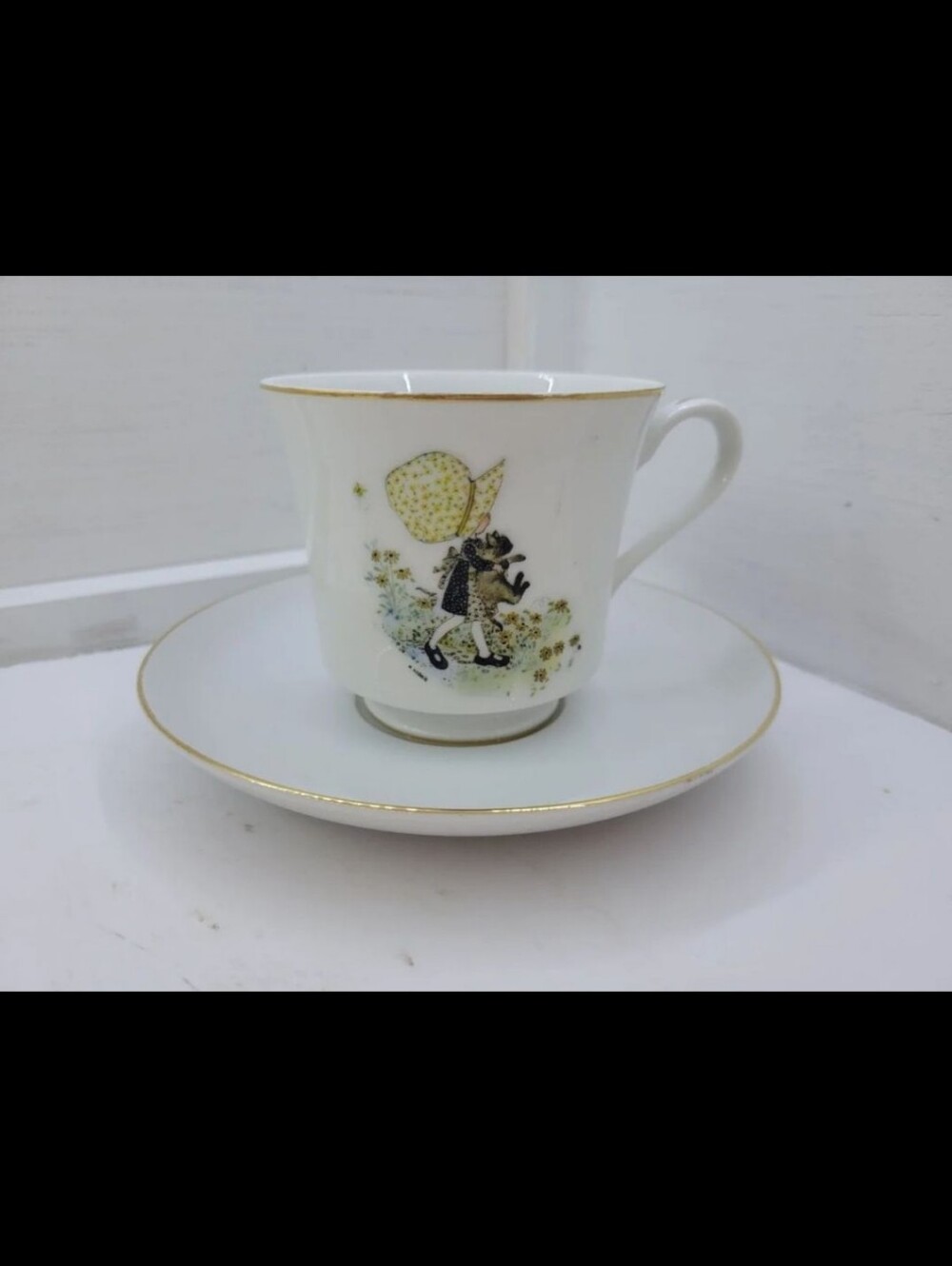 Holly HWhite Porcelain Tea Cup and Saucer with Gold Trim and Floral Illustration